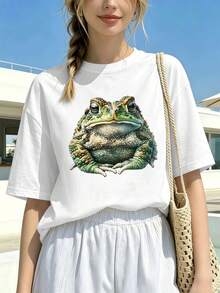 New Release Women's Oversized Cute Frog Print T-Shirt, Soft Cotton, Casual, Comfortable, Durable, Graphic Design. - White - View 1