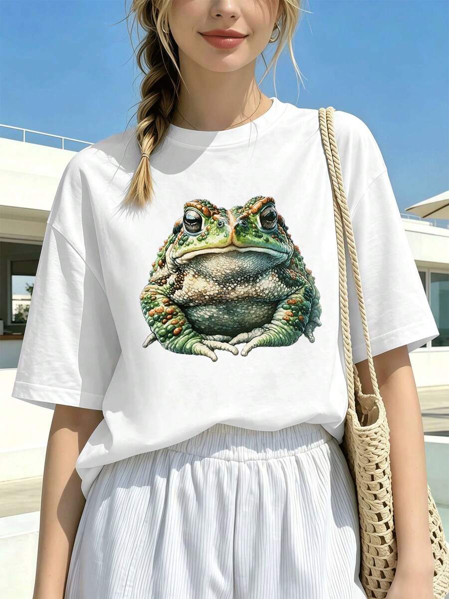New Release Women's Oversized Cute Frog Print T-Shirt, Soft Cotton, Casual, Comfortable, Durable, Graphic Design. - White - View 1