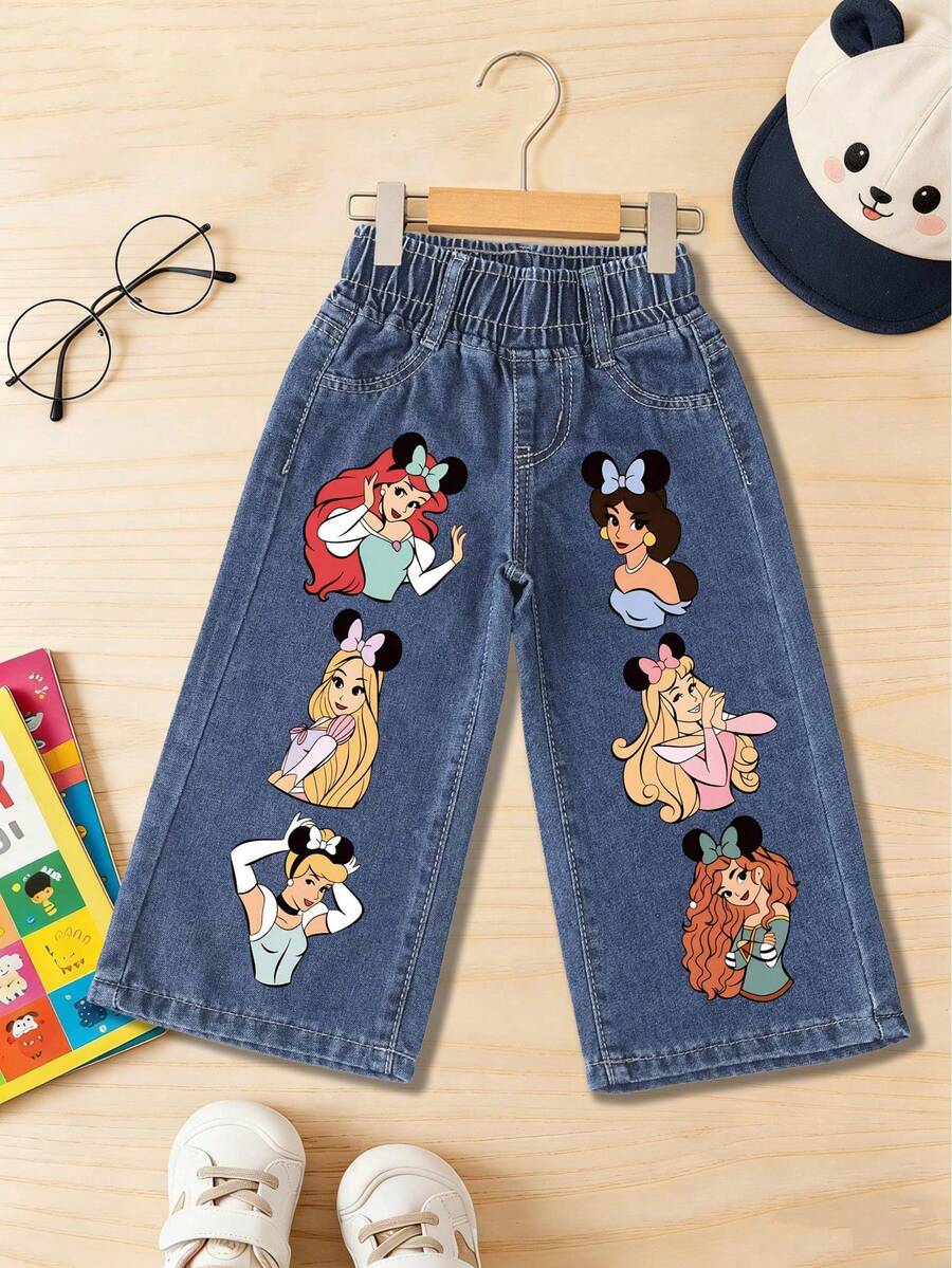 Mickey Mouse M Ickey Mouse Princess Girls Straight-Leg Jeans, Washed Blue Denim, High Waist Elastic Waist, Cute Cartoon Denim Pants - 深藍色 - 查看 1