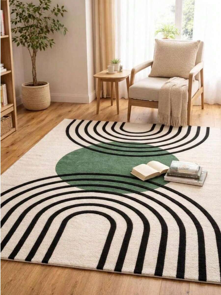 1pc Beige Background Green Round Geometric Symmetrical Pattern Rectangular Rug, Natural Wood Minimalist Style, Doormat, Welcome Mat, Outdoor Doormat, Kitchen Rug, Front Door Mat, Area Rug, Outdoor Mat, Home Decor, Garden Rug, Washable Rug - Multicolor - View 1