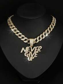 男士 Never Give Up 吊墜項鍊,18K 金鏈,CZ 水鑽,嘻哈亮面街頭風飾品,派對生日情人節聖誕節男士禮物 - 字母吊墜項鍊 - 查看 16