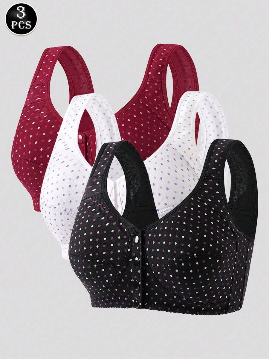 3pcs Polka Dot Decor Front Closure Wireless Bra Women's Lingerie - Multicolor - View 1