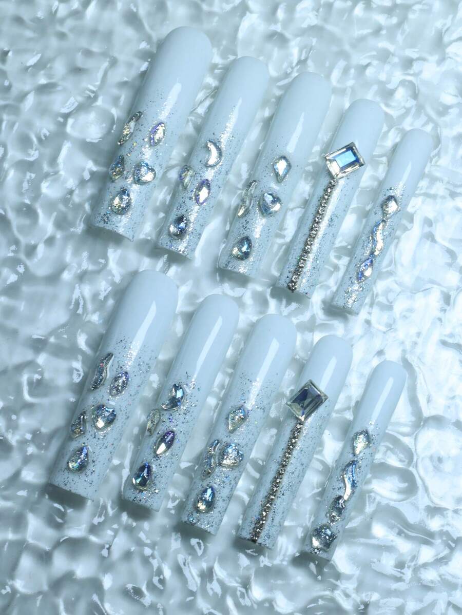 CrystalHola 10片手工穿戴甲,長款棺材形亮面水鑽美甲,奢華3D飾品裝飾美甲,壓克力材質,可重複使用,批發,迷人百搭風格,適合日常穿戴/約會/派對/婚禮/夜晚出門,工具隨機顏色 - 彩色 - 查看 1