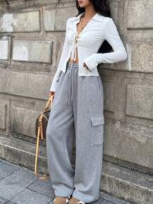 Lasy Women's Knitted Wide Leg Pants, Versatile Comfortable Sports Casual Pants, Perfect Choice For Daily Commute. - Grey - View 1
