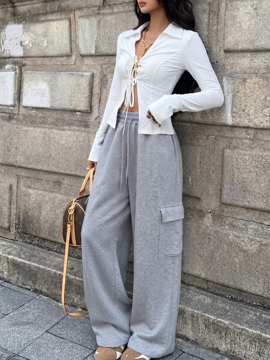 Lasy Women's Knitted Wide Leg Pants, Versatile Comfortable Sports Casual Pants, Perfect Choice For Daily Commute. - Grey - View 1