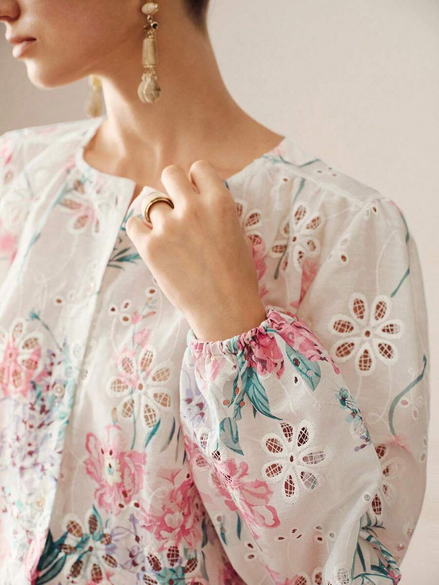 Camisa de manga larga con botones estilo francés premium nueva de veranodiseño de cuello redondo, manga farol holgada, para ir al trabajo en primavera y verano, reuniones casuales - Multicolor - Ver 1