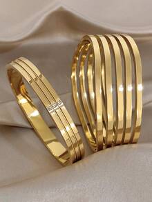 18k Gold Plated Stainless Steel, 5-Layer Wavy Stainless Steel Gold Bracelet, Women's Bracelet, Stainless Steel Jewelry, Designer Jewelry, High-Quality Luxury Jewelry, Thick Bracelet, Gold Plated Jewelry, Suitable For Daily, Date, Party, Holiday Season, Back To School Season, Summer Jewelry, Beach Jewelry, Women's Beach Accessories, Birthday Gift, Girlfriend Gift, Mother Gift, Bohemian Jewelry - Multicolor - View 1