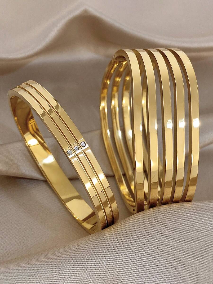 18k Gold Plated Stainless Steel, 5-Layer Wavy Stainless Steel Gold Bracelet, Women's Bracelet, Stainless Steel Jewelry, Designer Jewelry, High-Quality Luxury Jewelry, Thick Bracelet, Gold Plated Jewelry, Suitable For Daily, Date, Party, Holiday Season, Back To School Season, Summer Jewelry, Beach Jewelry, Women's Beach Accessories, Birthday Gift, Girlfriend Gift, Mother Gift, Bohemian Jewelry - Multicolor - View 1