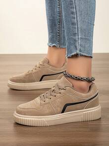 Women's Fashion Casual Low-Top Lace-Up Breathable Colorblock Sneakers, Lightweight Comfortable Skate Shoes - Khaki - View 5