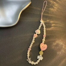甜美格紋鈕扣串珠手機掛繩，裝飾愛心、蝴蝶結、小熊等可愛配件，粉色調軟妹風，手工透明質感，精緻百搭設計，可用作手機繩、鑰匙圈、包包掛飾，小眾清新，適合日常穿搭點綴，自用或送禮皆宜 - 彩色 - 查看 10