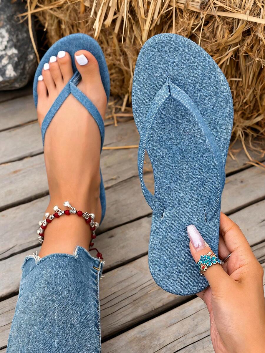 Bohemian Style T-Strap Slippers, Cowhide Flat Toe-Post Sandals, Daily Commute Casual Soft Sole Denim Toe-Post Slippers, Light Blue Denim Women's Sandals