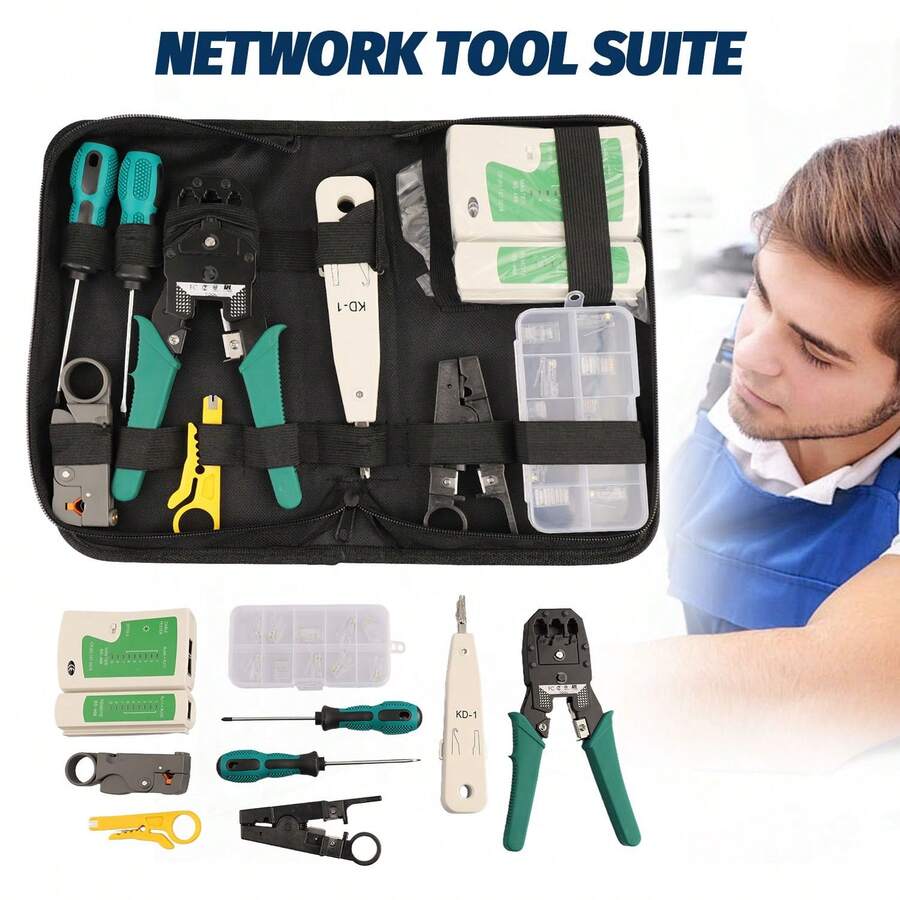 網路線壓接工具組，網路測試儀、剝線鉗、壓接工具、RJ45壓接鉗，電纜安裝與維修工具套裝