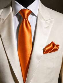 1 Set Men's Solid Color Classic Formal Tie And Pocket Square Set - Orange - View 1