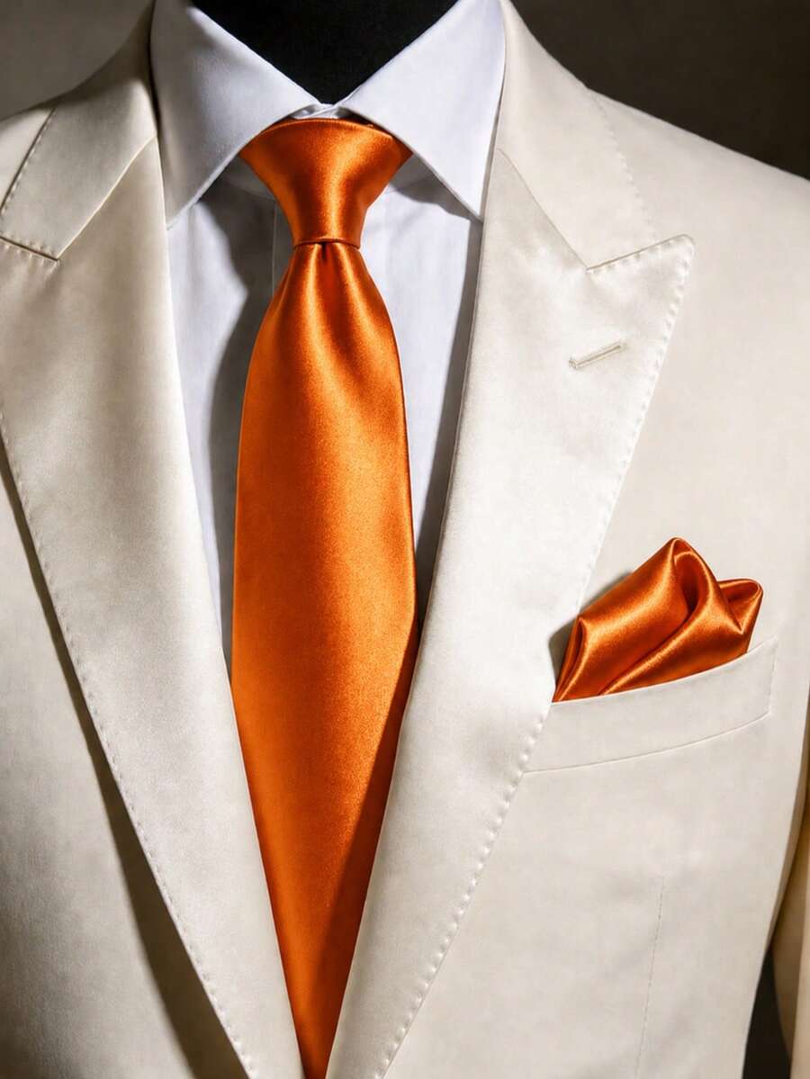 1 Set Men's Solid Color Classic Formal Tie And Pocket Square Set - Orange - View 1