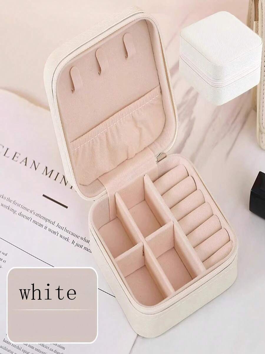 1 pieza Caja de joyas portátil de cuero PU minimalista blanca para mujeres, adecuada para anillos y collares - 1 pieza - Ver 1