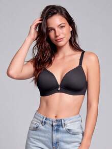 1 pieza Sujetador cómodo y transpirable sin aros de copa suave y de unicolor para mujer - Negro - Ver 1