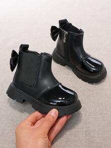 Girls' Shiny Patchwork Chelsea Ankle Boots With Chain Trim, Bowknot And Thick Sole Princess Fashion Boots - Black - View 3