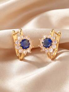 1 Pair Vintage Deep Blue Sapphire Zirconia Sunflower Halo Diamond Clip-On Earrings, Suitable For Women's Wedding, Evening Party And Formal Occasions - Sunflower - View 7