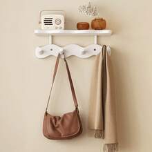 1pc Solid Wood Wavy Pattern High-End Wall Coat Rack, Shelf + Multi-Hook 2-In-1 Design, Modern Style Natural Wood Finish, Home Entryway Hallway Doorway Key Bag Storage Hanging Rack, Easy Installation High Load-Bearing Stable Structure, Cream Style High Aesthetic Home Decor Wall Storage Organizer - Multicolor - View 4