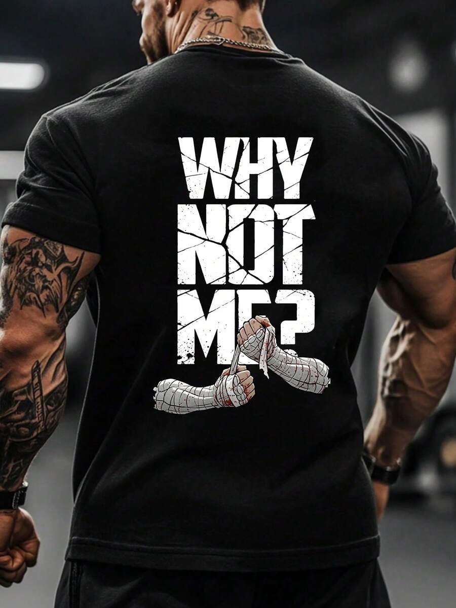 Men's Minimalist Boxing "Why Not Me" Print Crew Neck Short Sleeve Summer Sports T-Shirt, Gym, Gym Outfit Black - Black - View 1