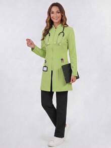 Long Sleeve Lab Coat With Pockets And Zipper Front, Lab Scrub Jacket - Mint Green - View 2