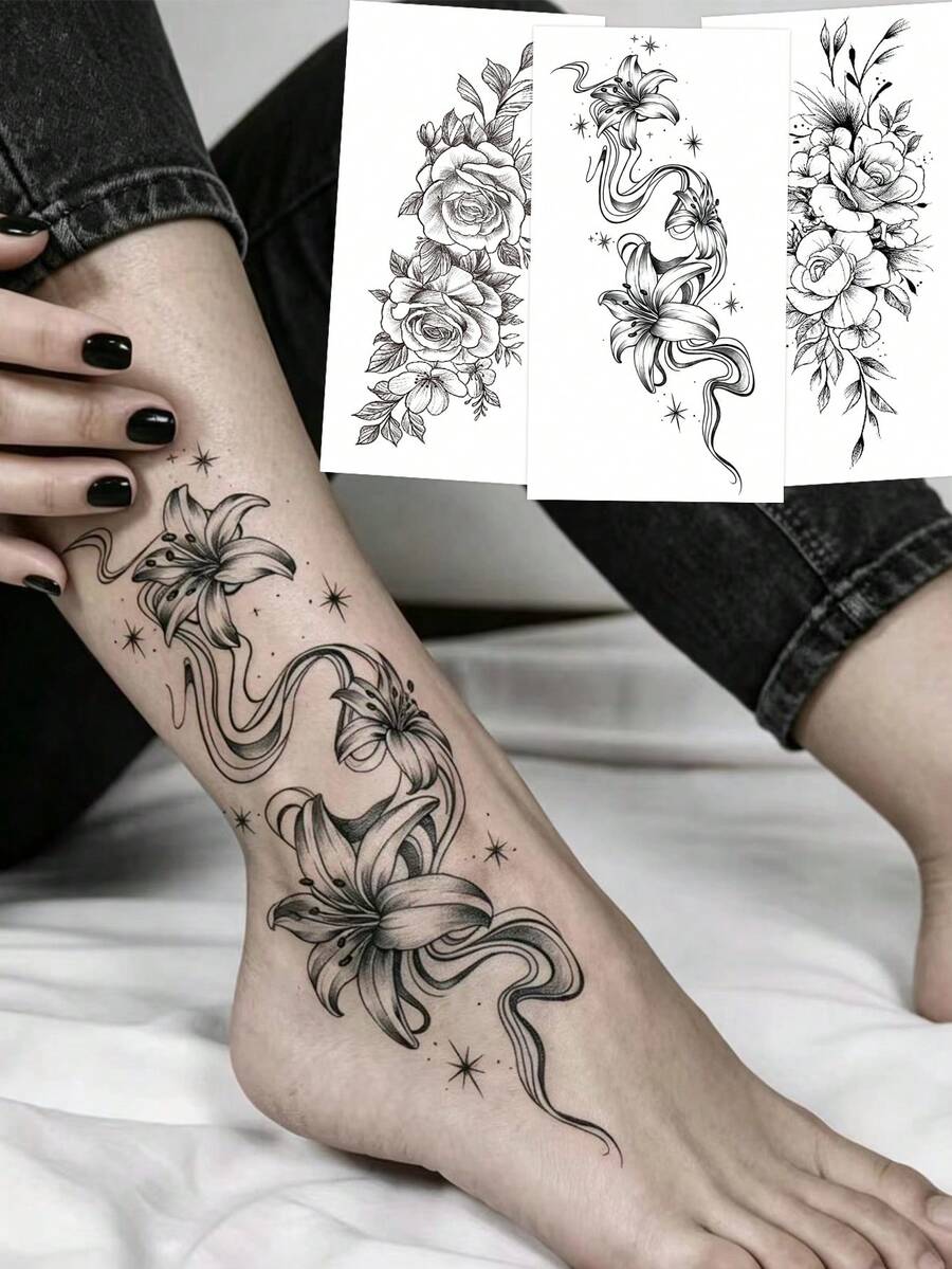 3pcs Fashionable Washable Line Lily Flower Tattoo Stickers, Waterproof, Long-Lasting, Fresh Bud Gradient Stamen Pattern For Women, Side Waist, Realistic Temporary Tattoo Stickers For People