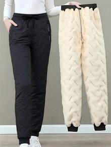 Women's Thermal Lined Thick Warm Pants, Drawstring Waist With Zipper Pockets, Winter Outdoor Sports Pants - Black - View 6