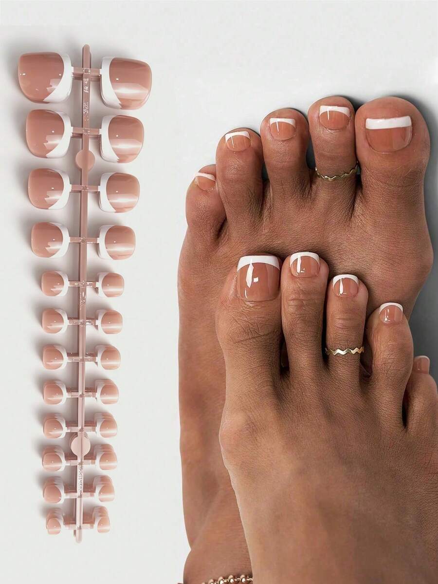 120pcs Short Square Brown/Pink Press-On Nails/Toenails, Short French Style Fake Nails, Women & Girls Toenail Decoration - Brown - View 1