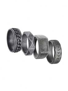 4-Piece Set Of Vintage Antique Silver Chain Stainless Steel Men's Rings, Men's Jewelry Accessory Set, Suitable For Everyday Wear, Special Rings - Four-piece Set - View 12