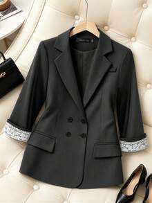 HOMEYEE Elegant Plus Size Women's Blazer, Contrast Lace Cuffs And Lapel, Long Sleeve Design, Perfect Choice For Autumn/Winter Business Office Wear - Dark Grey - View 7