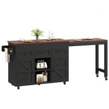 Kitchen Island With Storage, Extendable Dining Table/Bar Table (131.5-210 Cm), 360° Rotatable, With Drawers And Cabinets, Versatile Worktop For Kitchen, Dining Room And Small Spaces, Black - 黑色 - 查看 11