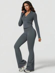NcmRyu One Set Women's Seamless Ribbed Zipper Mock Neck Long Sleeve Flare Leggings Sports Set - Dark Grey - View 10