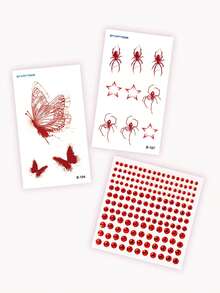 3PCS Red Diamond Stickers + Butterfly Spider Pattern Halloween Makeup Costume Party Gift Waterproof Face Tattoo Stickers - Multicolor - View 8