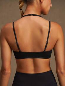 VVX Women Halter Neck Sports Bra Removable Pads Adjustable Straps Backless Ribbed Workout Yoga Gym Top Summer - Black - View 4