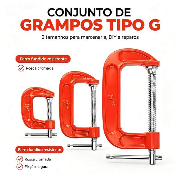 Kit 3 Grampos Tipo G para Marcenaria, Grampos de Fixação para Bricolagem e Projetos de Madeira, Aço Resistente para Oficina em Casa