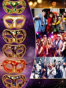 14pcs/12pcs/7pcs/6pcs/1pc Elegant Venetian Masquerade Masks, Sparkling Half Face Masks, Perfect For Performance, Unisex, Cosplay And Halloween Party, Carnival And Christmas Party - Adjustable Ribbon Design - Gold-stamped Cloth Mask - View 2