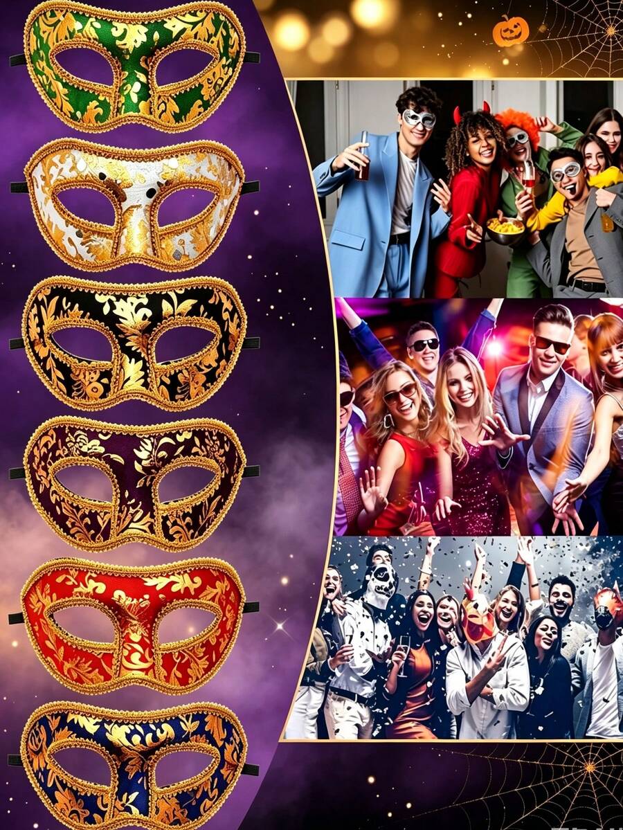 14pcs/12pcs/7pcs/6pcs/1pc Elegant Venetian Masquerade Masks, Sparkling Half Face Masks, Perfect For Performance, Unisex, Cosplay And Halloween Party, Carnival And Christmas Party - Adjustable Ribbon Design