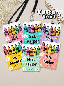 Custom Teacher Name Crayon Bucket Badge Holder,Rainbow Crayon Luggage Tag,Pocket Teacher Staff ID Card Cover,Teacher Appreciation Gift,Back To School - Multicolor - View 1