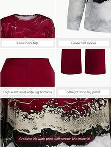 ROSIE POPHUB Women 2Pcs Wine Red Printed Round Neck Long Sleeve Top + Solid Wide Leg Pants Set Elegant Christmas Commute Daily Outfit For Fall Winter - Burgundy - View 8