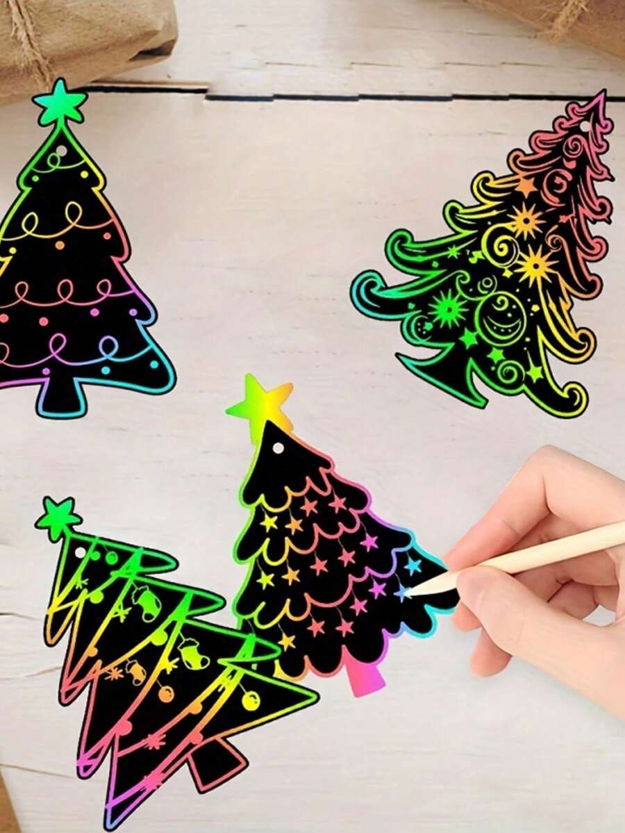 Bộ tranh cào nghệ thuật Giáng Sinh 60/28 món/bộ - gồm 24/12 tấm thẻ, 24/12 dây màu và 12/4 bút cào gỗ; thẻ graffiti màu cầu vồng và giấy cào ma thuật - hoàn hảo để trang trí cây thông Noel - Một kích cỡ phù hợp cho tất cả - Xem 1