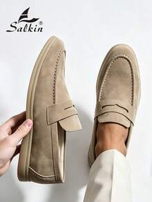 Salkin 奢華時尚設計師男士樂福鞋 錢幣式一腳蹬 柔軟仿麂皮素食皮革休閒鞋 莫卡辛鞋 極簡商務正裝鞋 男士舒適日常辦公派對婚禮鞋 情侶約會浪漫晚餐度假禮物 返校學生鞋 學院風，請選擇大一號 - 卡其色 - 查看 8