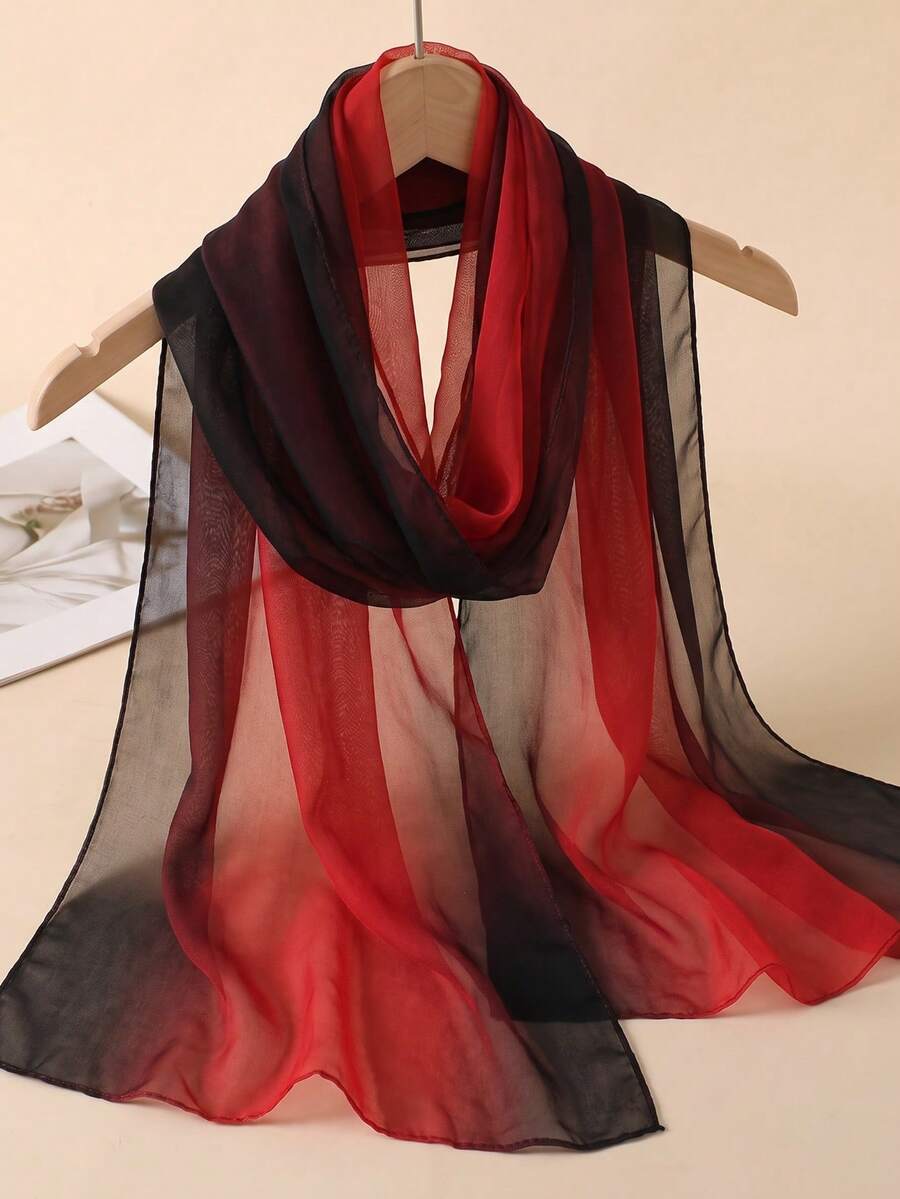 1pc Women's Simple Classic Gradient Color Lightweight Chiffon Scarf, Skin-Friendly Comfortable Sun Protection Shawl, Suitable For Daily Use - Red - View 1