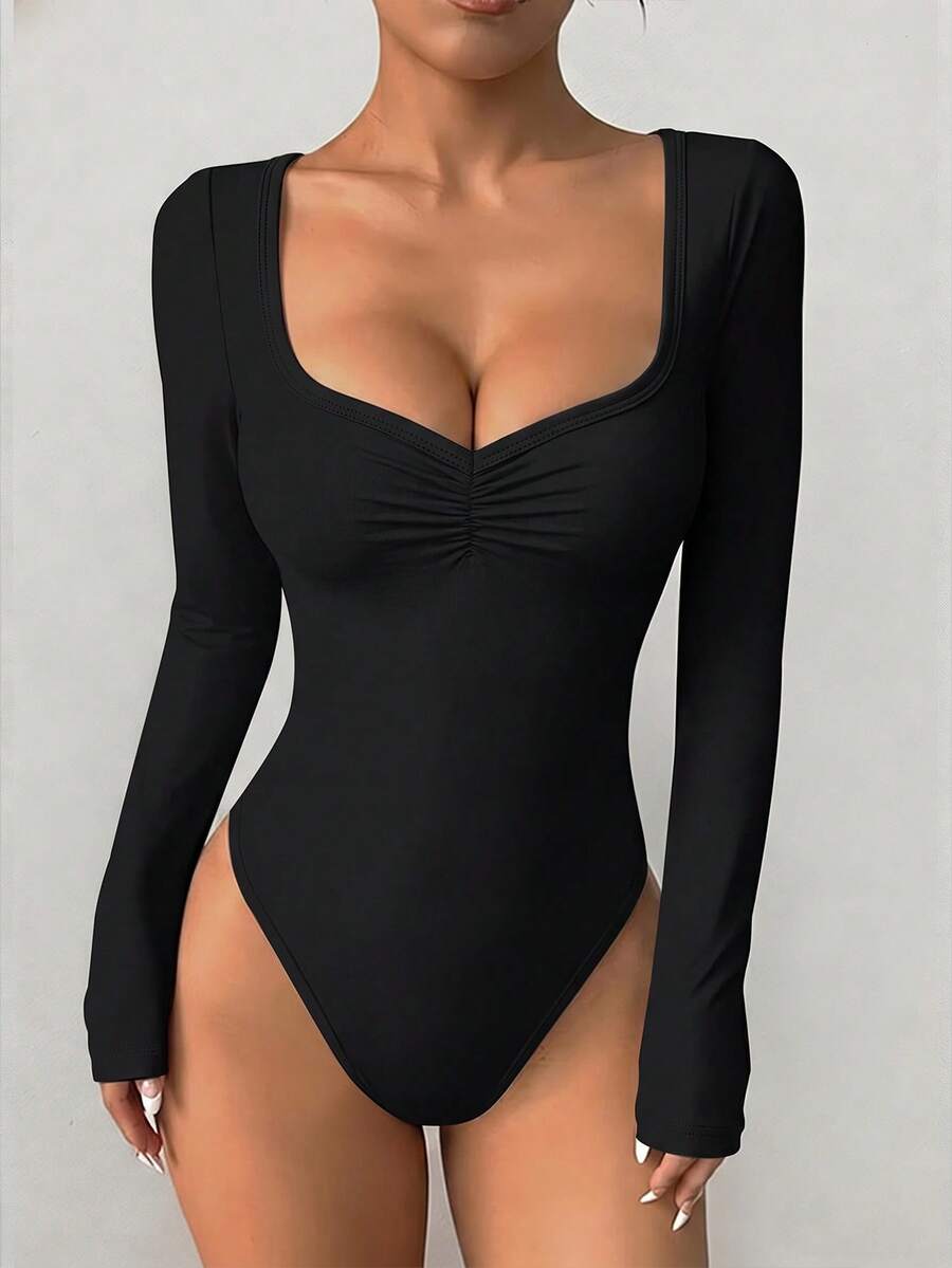 imisic Robe moulante à manches longues et col V froncé. Le col est conçu avec un profond décolleté en V. C'est un vêtement de base ajusté, adapté pour le port en extérieur, avec un effet de mise en forme. Cette robe moulante à manches longues et col V est adaptée pour les sports, la maison et les activités quotidiennes. - Noir - Voir 1