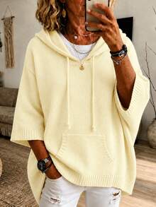 Plus Size Solid Color Knit Fabric Pocket Drawstring Casual Versatile Commute Loose Hooded Pullover Sweater Holiday College Vacation Daily Date Fall - Light Yellow - View 1
