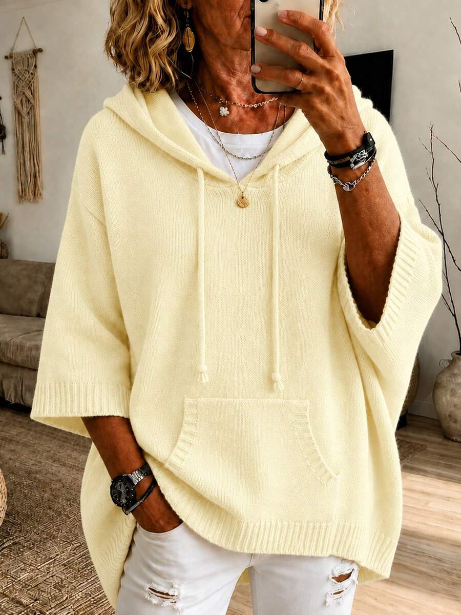 Plus Size Solid Color Knit Fabric Pocket Drawstring Casual Versatile Commute Loose Hooded Pullover Sweater Holiday College Vacation Daily Date Fall - Light Yellow - View 1