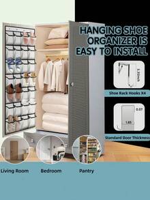 LMMAKE Hanging Shoe Rack With 28 Pockets & 4 Metal Hooks, Hangs Behind Door/Closet For Shoes & Sundries, Ideal For Small Apartments & Rentals. - 黑色 - 查看 5