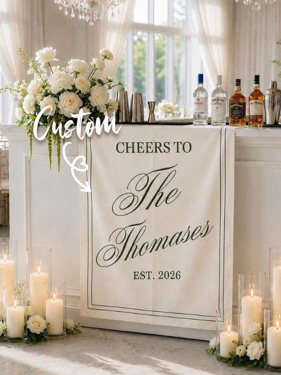 Custom Unique Eternal Wedding Welcome Sign, Fabric Bar Menu Banner, Personalized Name & Date, Romantic Ceremony Gift - Multicolor - View 1