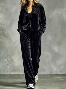 Plus Size Women, Minimalist Solid Color Casual Velvet Hooded Zip-Up Jacket + Wide Leg Pants 2-Piece Set, Loose Fit Slimming High-End Casual Outfit, Suitable For Daily Wear, Home And Commute - Black - View 3