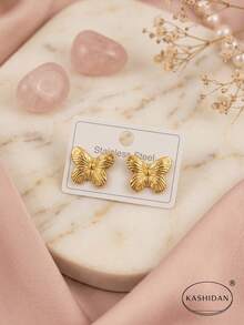 KASHIDAN 1 Pair Non-Fading Stainless Steel Waterproof Hypoallergenic Gold Butterfly Stud Earrings For Women. Wrinkled Texture Wing Design Vintage French Elegant High-End Jewelry. European And American Style Versatile Old Money Aesthetic Niche Design. Evening Party Street Wear Light Luxury Minimalist Unique Design Flattering Skin Tone. Gift For Girlfriend Mom Wife Birthday Valentine's Day Christmas Earrings Ins Style. Metallic Lively Insect Personalized Accessory - Multicolor - View 7