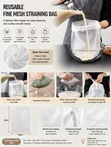 1pc Reusable Nylon Nut Milk Bag, Food Filtration Bag For Soy Milk, Tea, Coffee, Yogurt, Easy To Clean, Drawstring Design, Suitable For Homemade Breakfast, Beverages. Kitchen Essential, Kitchen Accessory. - White - View 3